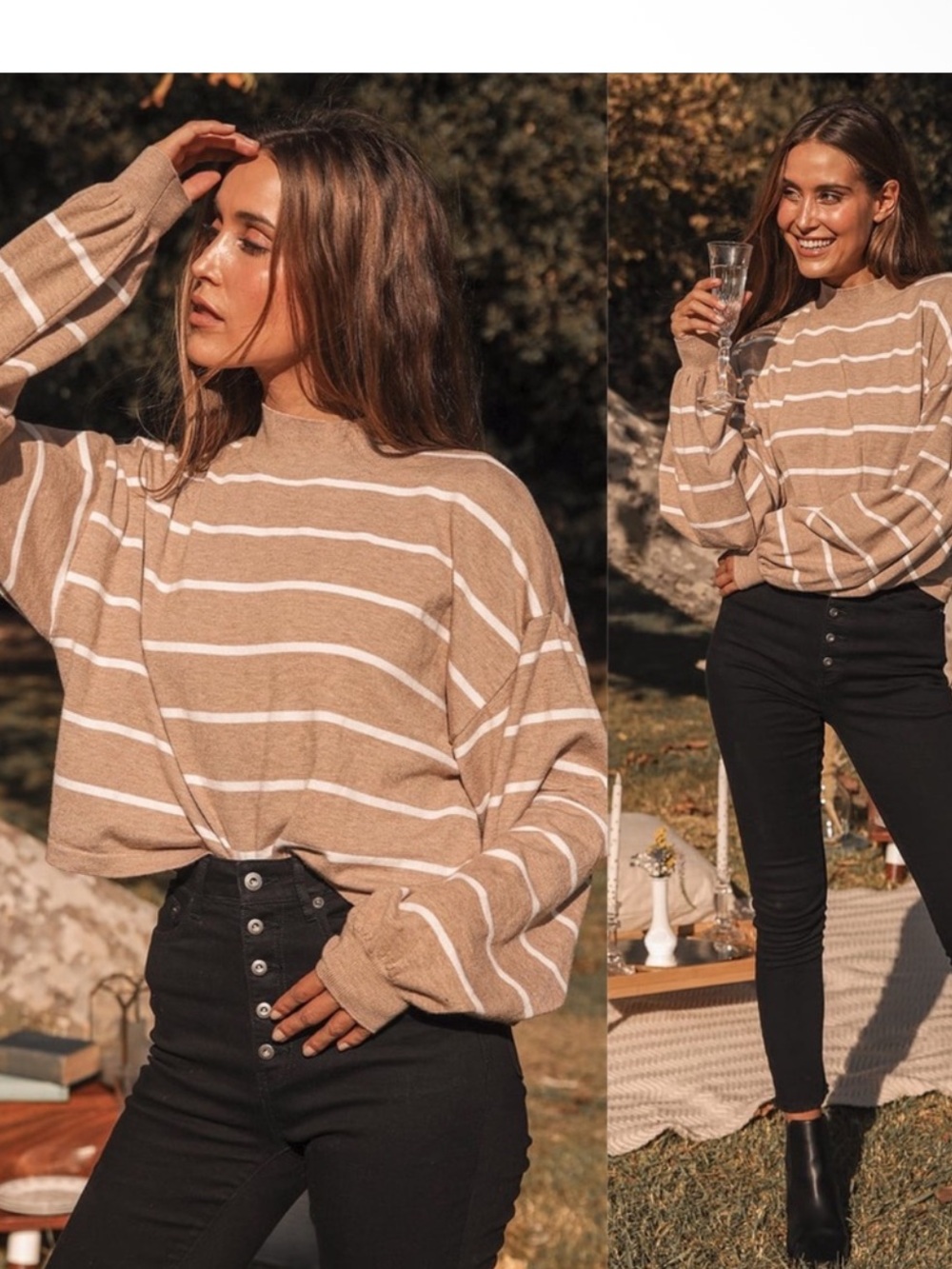 LULU’S | Cruising For Cozy Tan Striped Knit Balloon Sleeve Sweater